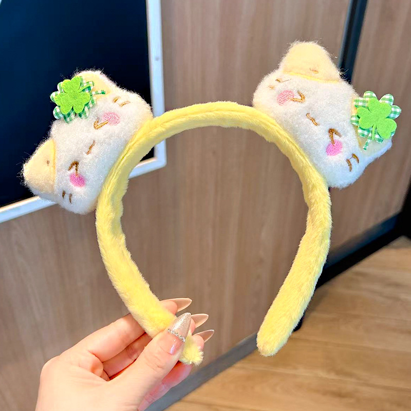 新款奶黃色髮箍卡通可愛貓咪毛絨洗臉壓秋冬款百搭毛茸茸頭箍髮飾