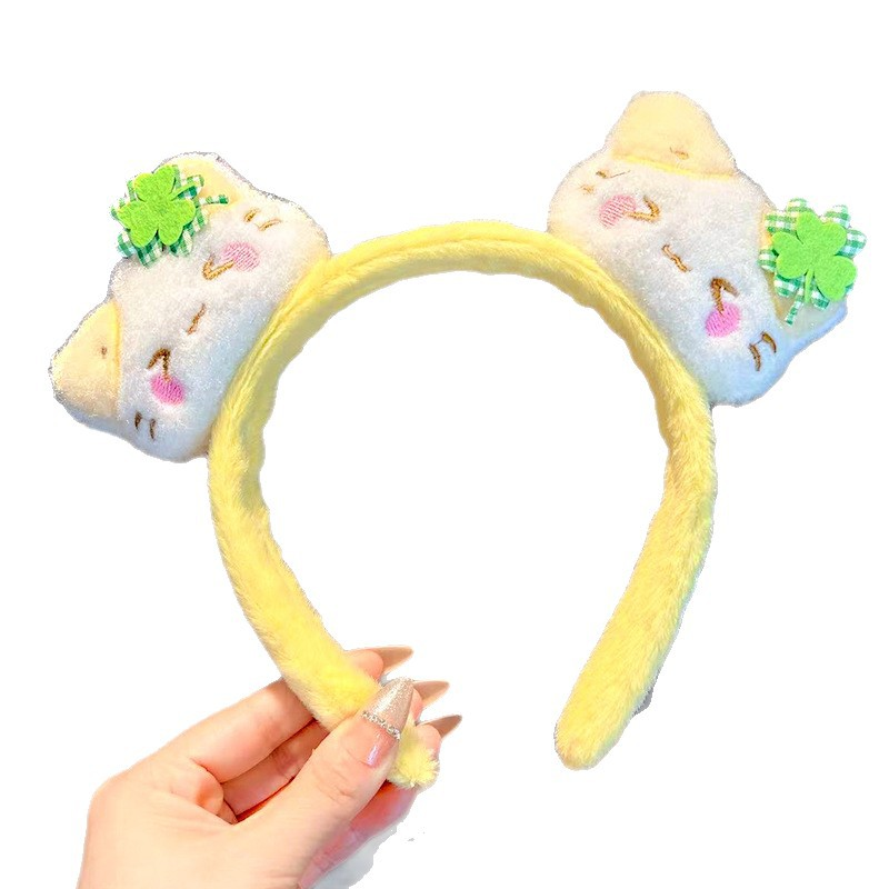 新款奶黃色髮箍卡通可愛貓咪毛絨洗臉壓秋冬款百搭毛茸茸頭箍髮飾