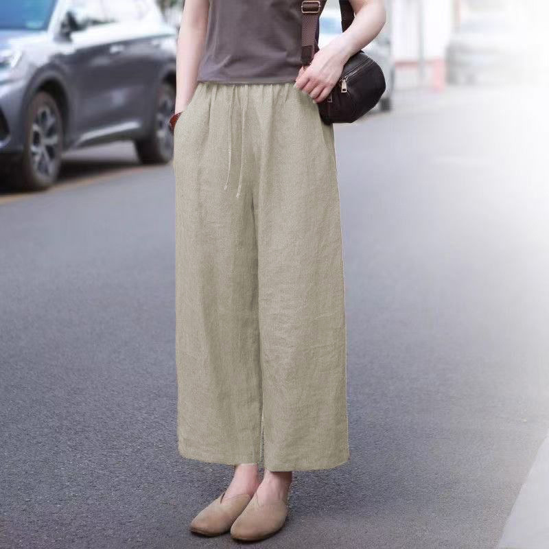 高腰女式棉麻闊腿褲