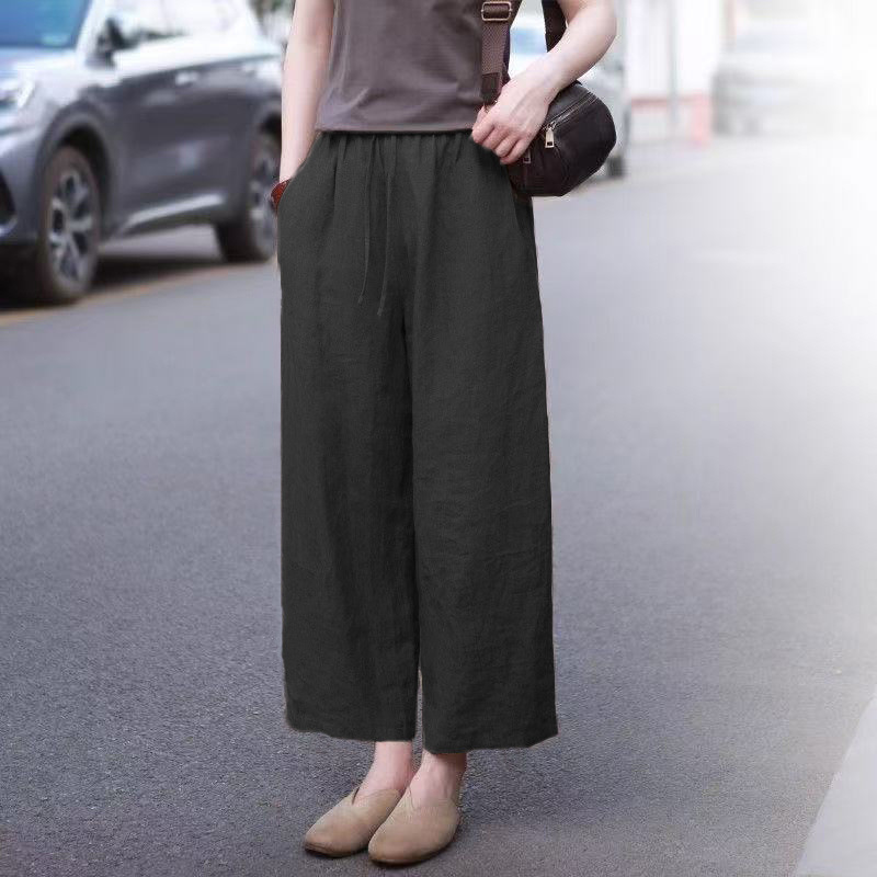 高腰女式棉麻闊腿褲