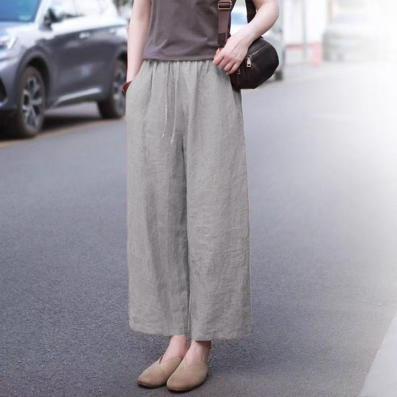 高腰女式棉麻闊腿褲