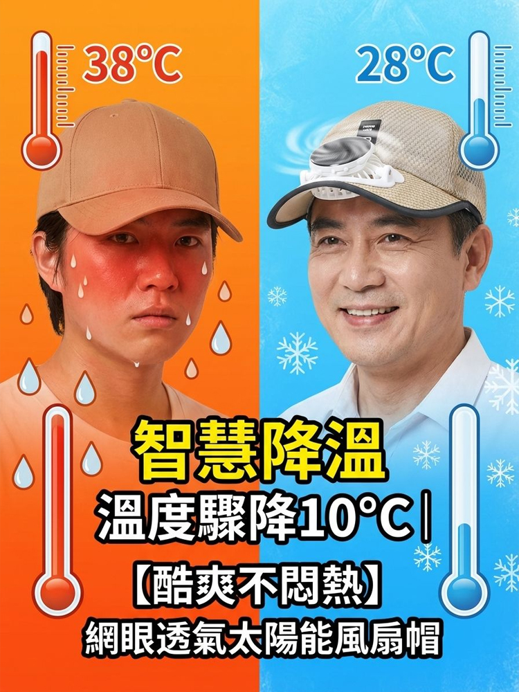 【酷爽不悶熱】網眼透氣太陽能風扇帽
