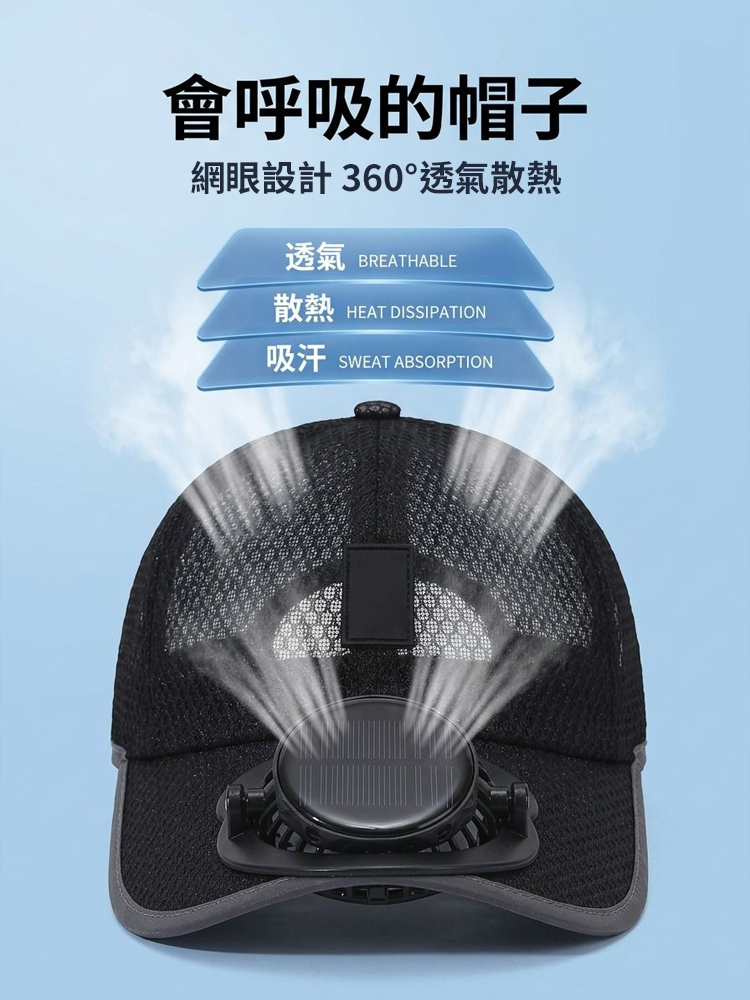 【酷爽不悶熱】網眼透氣太陽能風扇帽