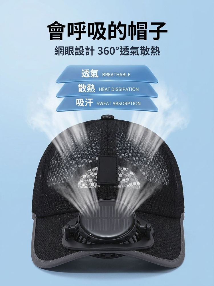 【酷爽不悶熱】網眼透氣太陽能風扇帽