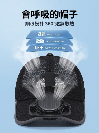 【酷爽不悶熱】網眼透氣太陽能風扇帽