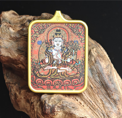 チベット仏教式 大勢至菩薩 開運ペンダント/ステンレス鋼製、約45×55×6mm（紐除く）、レッドゴールド、ブラックゴールド