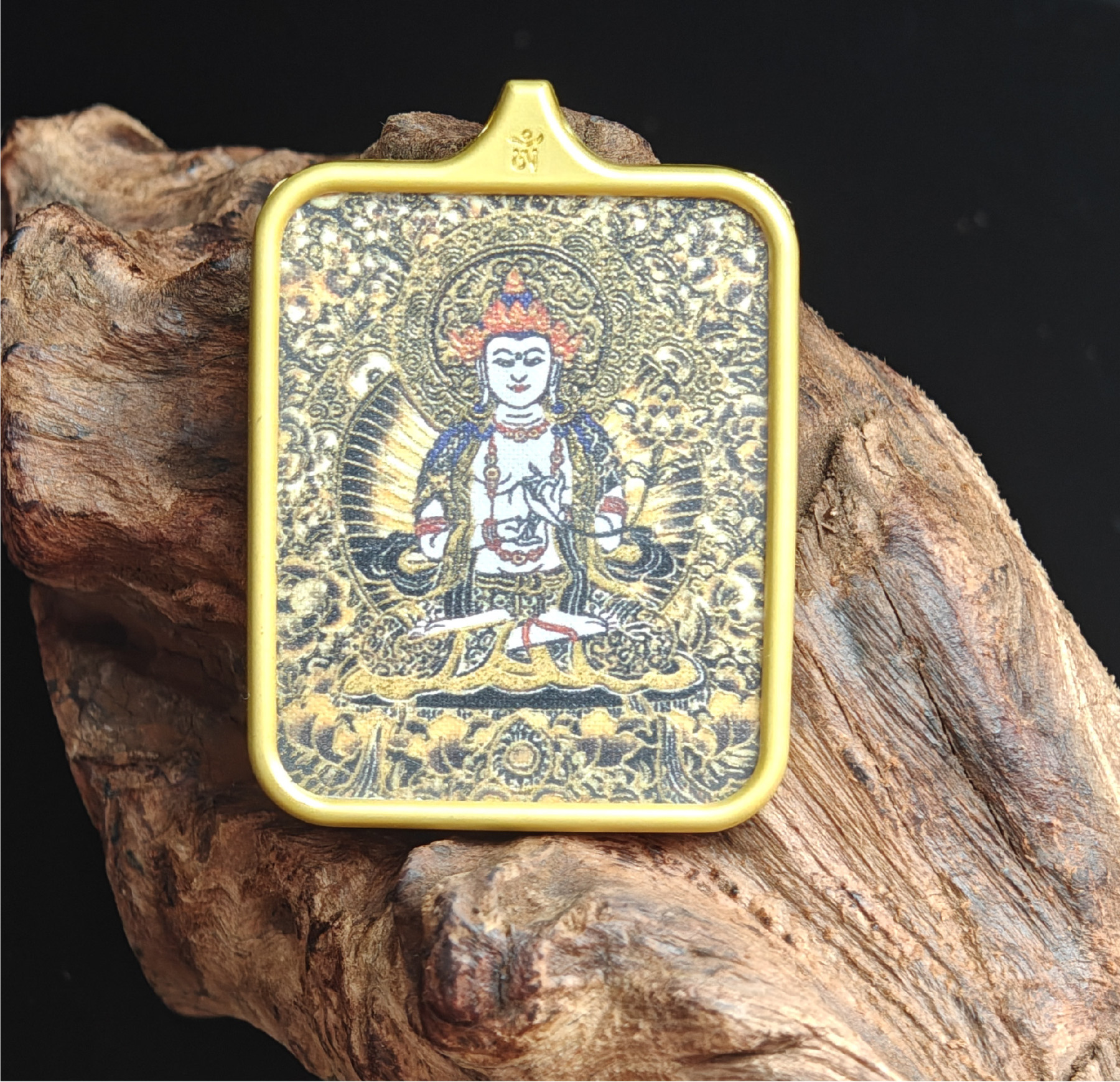 チベット仏教式 大勢至菩薩 開運ペンダント/ステンレス鋼製、約45×55×6mm（紐除く）、レッドゴールド、ブラックゴールド