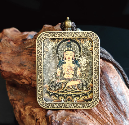 チベット仏教式 大勢至菩薩 開運ペンダント/メッキ合金、両面デザイン、約40×50×8mm（紐含む）、ブラックゴールド