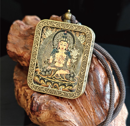 チベット仏教式 大勢至菩薩 開運ペンダント/メッキ合金、両面デザイン、約40×50×8mm（紐含む）、ブラックゴールド