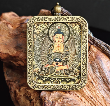 チベット仏教式 阿弥陀如来 開運ペンダント/メッキ合金、両面デザイン、約40×50×8mm（紐含む）、ブラックゴールド