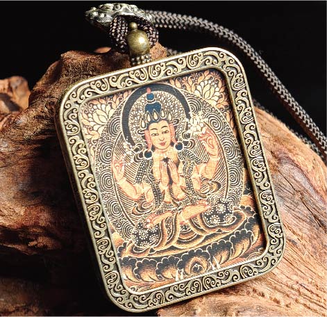 チベット伝承 千手観音 タンカ ペンダントトップ/メッキ合金、両面デザイン、約40×50×8mm（紐含む）、ブラックゴールド