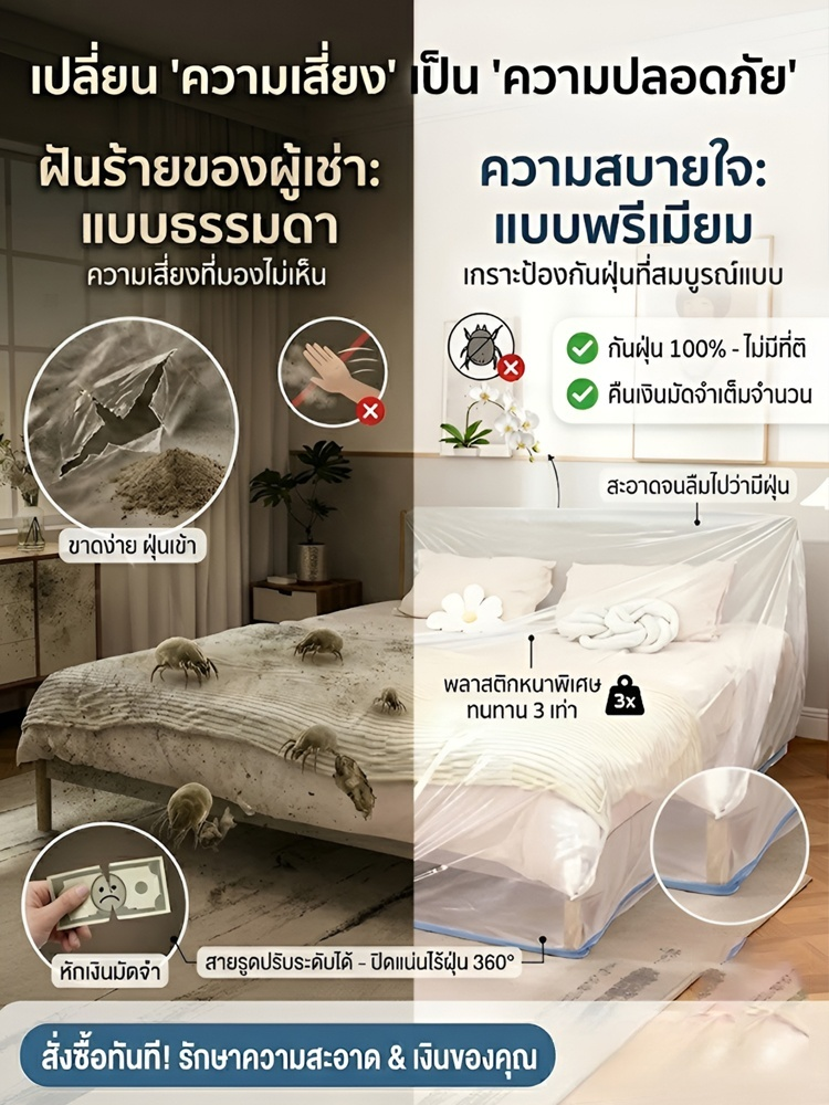 🛏️ ผ้าคลุมกันน้ำและกันฝุ่น 100% | ดีไซน์ยางยืดหนา