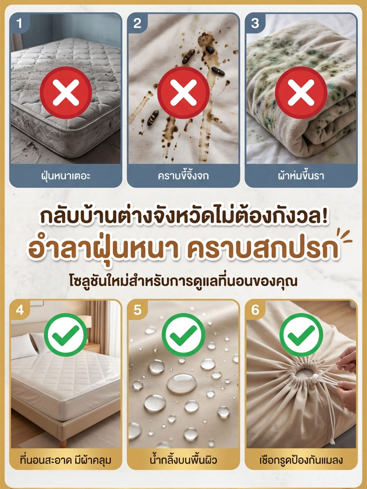 🛏️ ผ้าคลุมกันน้ำและกันฝุ่น 100% | ดีไซน์ยางยืดหนา