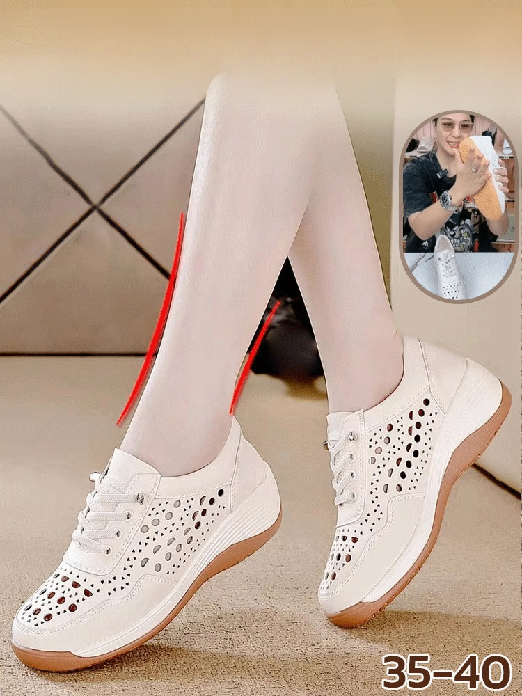 【เพิ่มความสูงได้ 5 ซม. เหมาะกับทุกสภาพเท้า】รองเท้าหนังฉลุรู พื้นหนา แมตช์ง่าย ระบายอากาศได้ดี