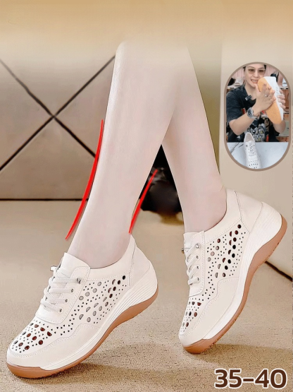 【เพิ่มความสูงได้ 5 ซม. เหมาะกับทุกสภาพเท้า】รองเท้าหนังฉลุรู พื้นหนา แมตช์ง่าย ระบายอากาศได้ดี