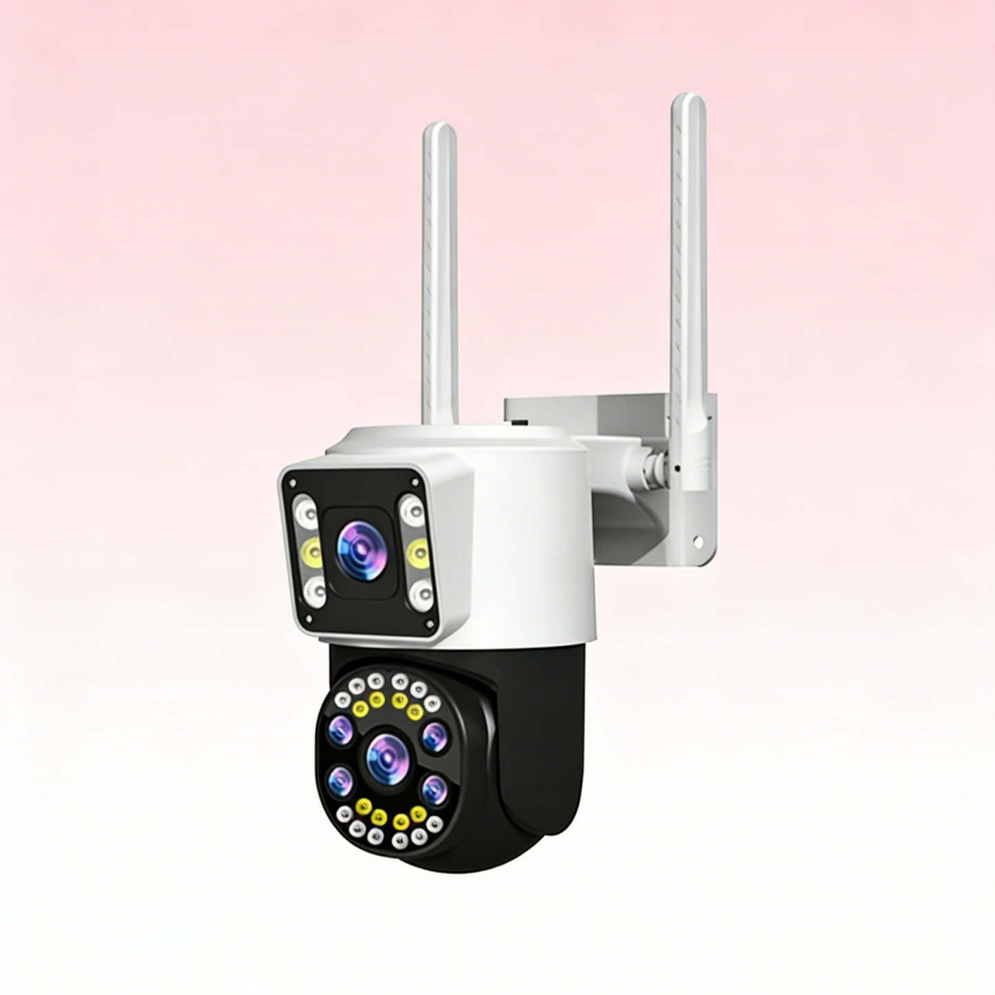 กล้องวงจรปิดเลนส์คู่ พาโนรามาไร้จุดบอด | ภาพชัดพิเศษระดับ HD กลางคืนสว่างชัด | ระบบติดตามอัจฉริยะและพูดคุยโต้ตอบผ่านมือถือ | กันน้ำและติดตั้งง่าย