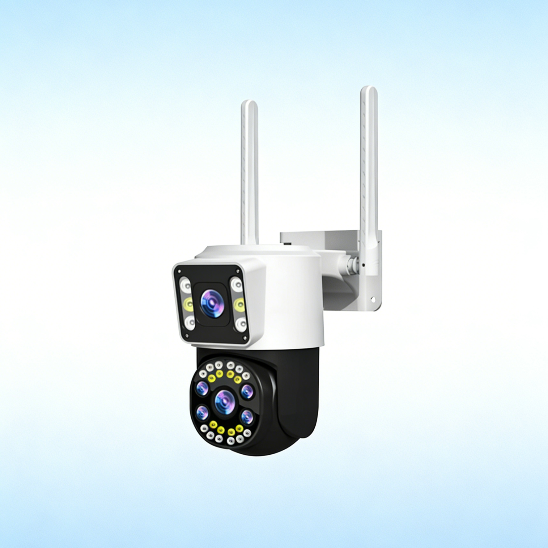 กล้องวงจรปิดเลนส์คู่ พาโนรามาไร้จุดบอด | ภาพชัดพิเศษระดับ HD กลางคืนสว่างชัด | ระบบติดตามอัจฉริยะและพูดคุยโต้ตอบผ่านมือถือ | กันน้ำและติดตั้งง่าย