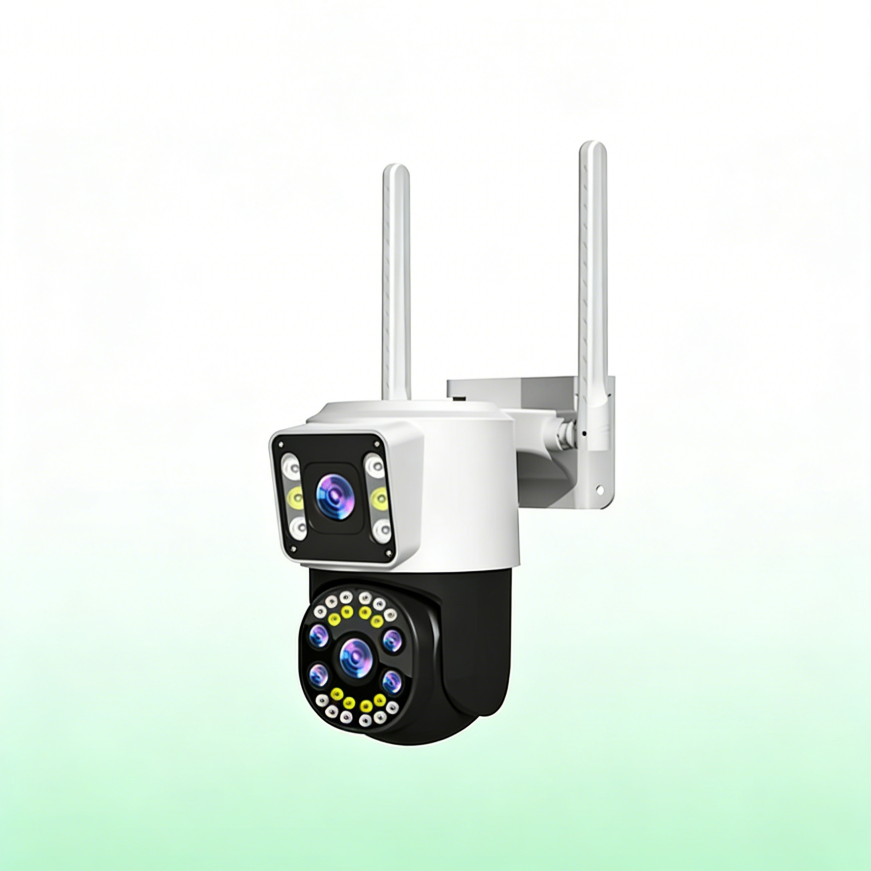 กล้องวงจรปิดเลนส์คู่ พาโนรามาไร้จุดบอด | ภาพชัดพิเศษระดับ HD กลางคืนสว่างชัด | ระบบติดตามอัจฉริยะและพูดคุยโต้ตอบผ่านมือถือ | กันน้ำและติดตั้งง่าย