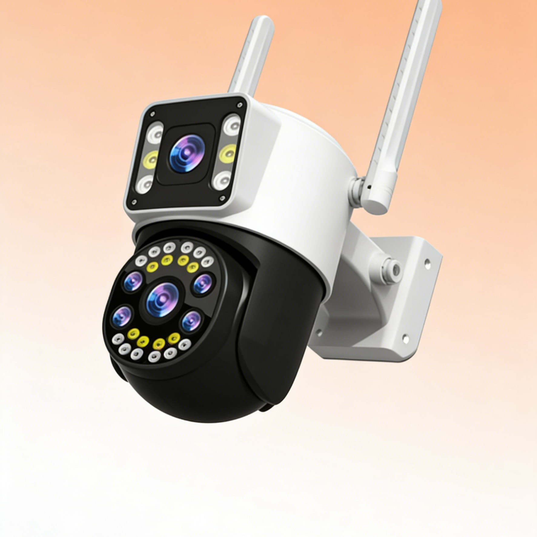 กล้องวงจรปิดเลนส์คู่ พาโนรามาไร้จุดบอด | ภาพชัดพิเศษระดับ HD กลางคืนสว่างชัด | ระบบติดตามอัจฉริยะและพูดคุยโต้ตอบผ่านมือถือ | กันน้ำและติดตั้งง่าย