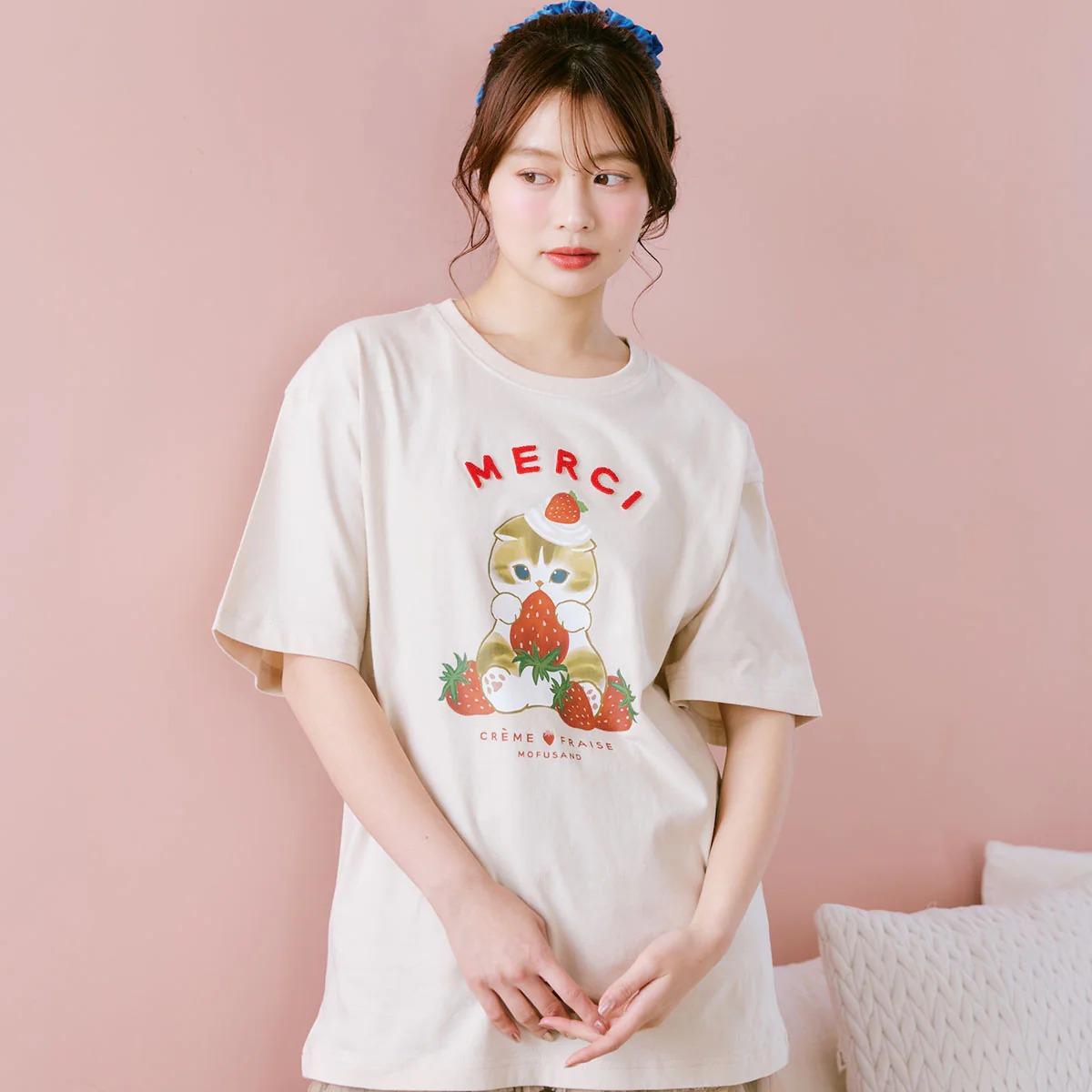 【訂貨】Mofusand MERCI STRAWBERRY 草莓系列 Tshirt (杏色)