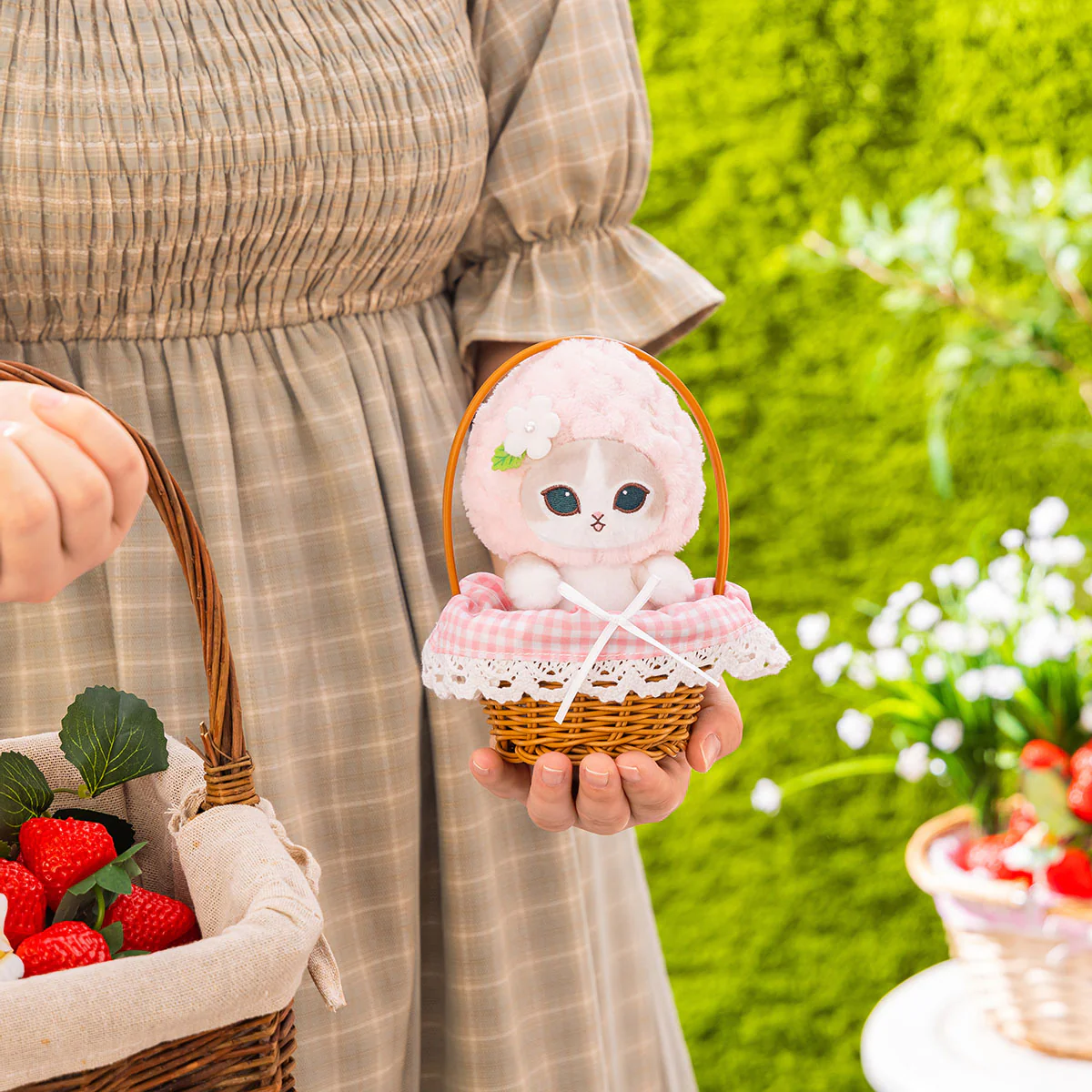 【訂貨】Mofusand MERCI STRAWBERRY 草莓系列 藤籃公仔 玩偶（粉紅）