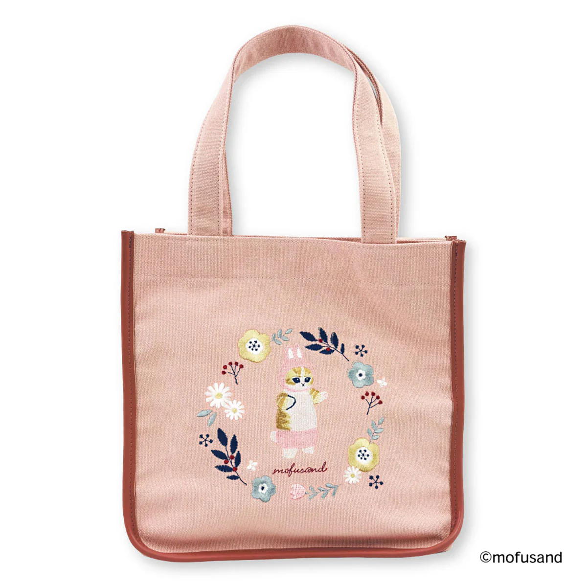 【訂貨】Mofusand Botanical - 刺繡方形手提袋（粉色·兔貓）