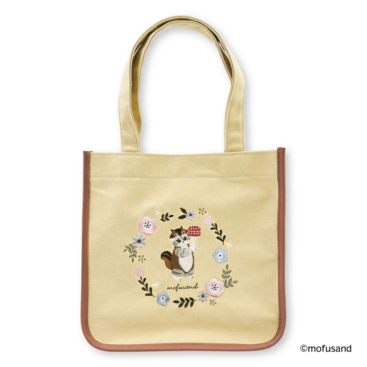 【訂貨】Mofusand Botanical - 刺繡方形手提袋（米色·松鼠貓）