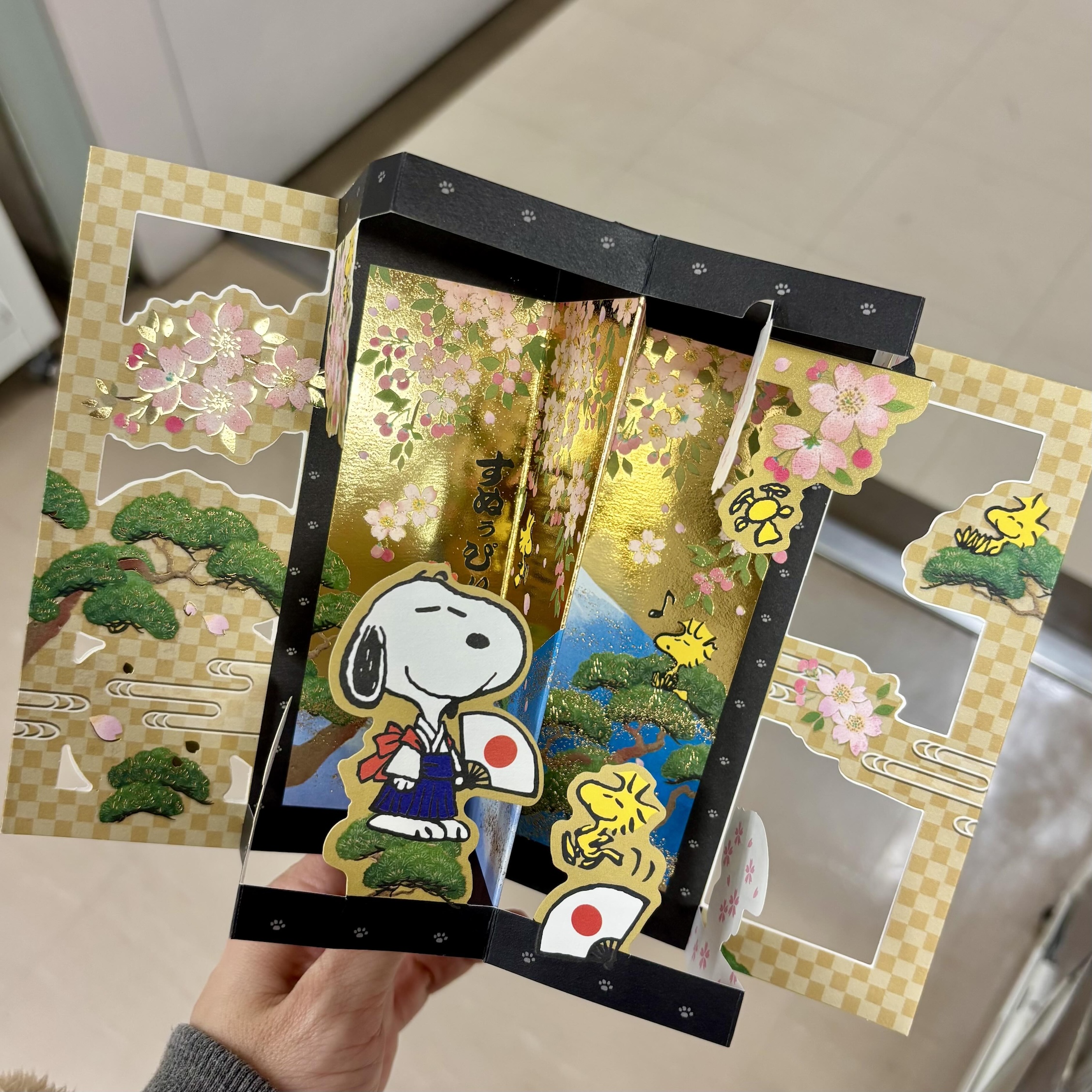 【訂貨】Snoopy & Woodstock Hello Nippon 金屏風 富士山 櫻花 立體生日卡
