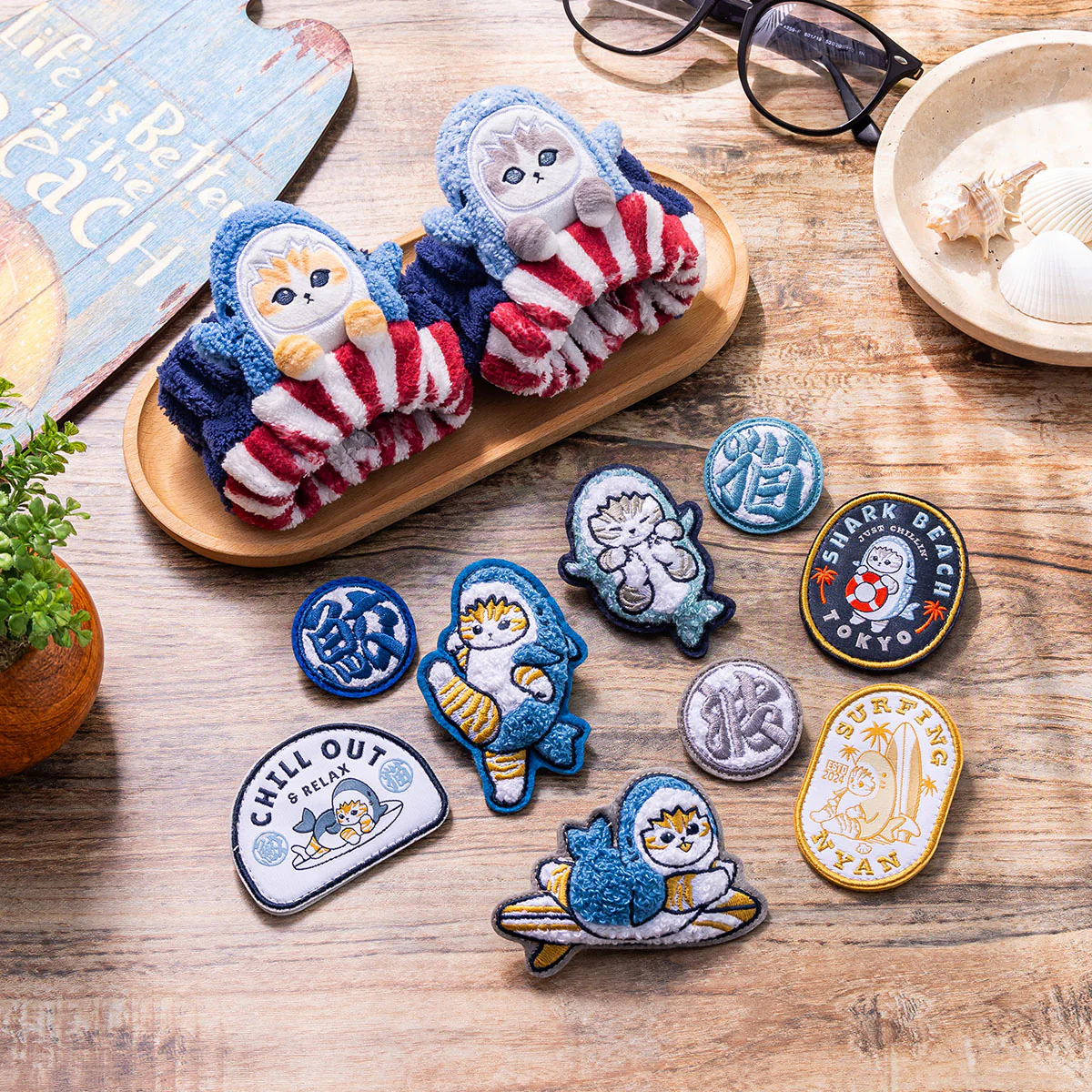 【訂貨】Mofusand BOARD SHARK! 鯊魚貓 鯨鯊貓 刺繡布貼徽章3pcs