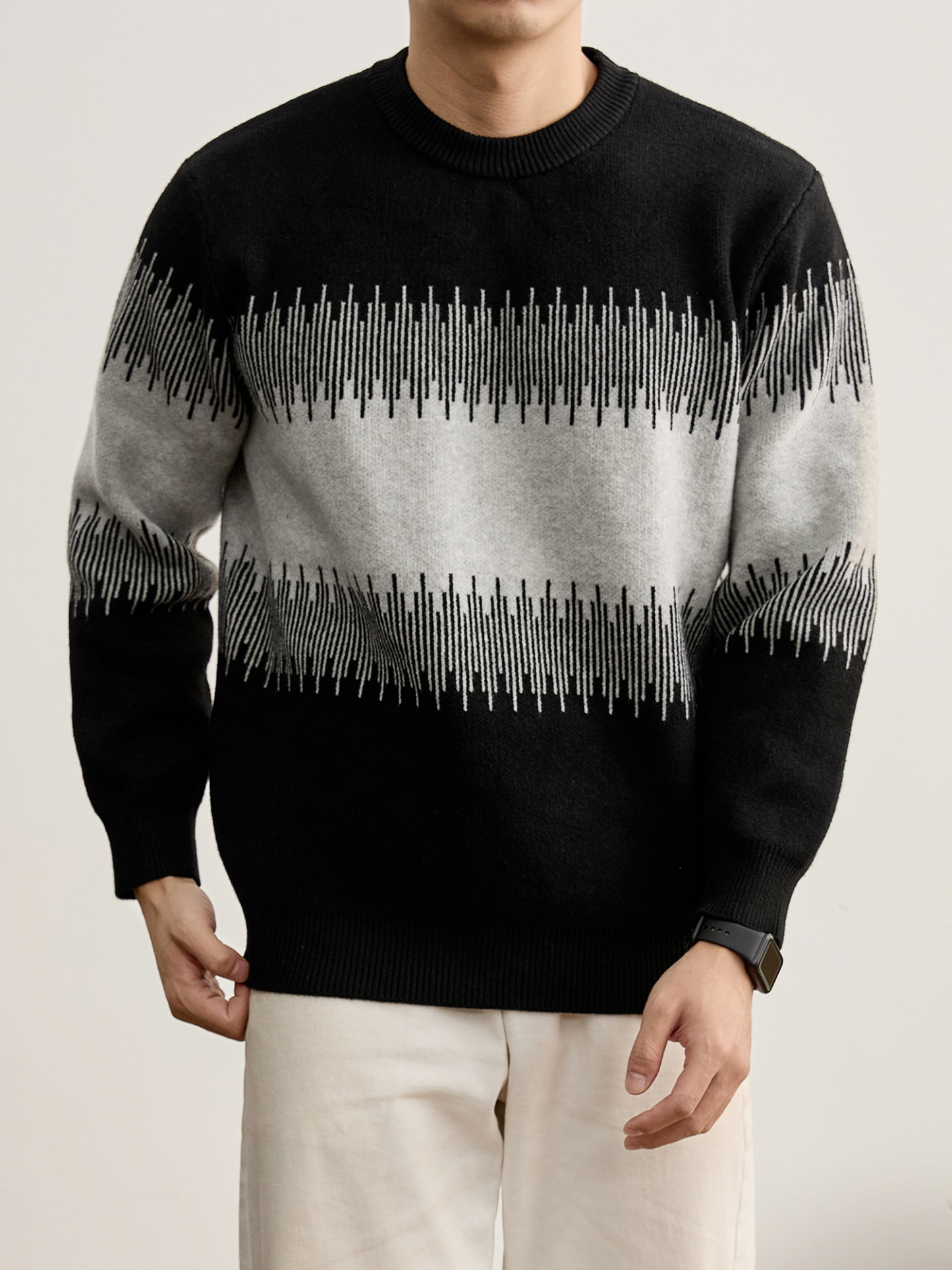 高克重750g個性酷潮圓領長袖針織衫男冬聲波狀紋理撞色毛衣