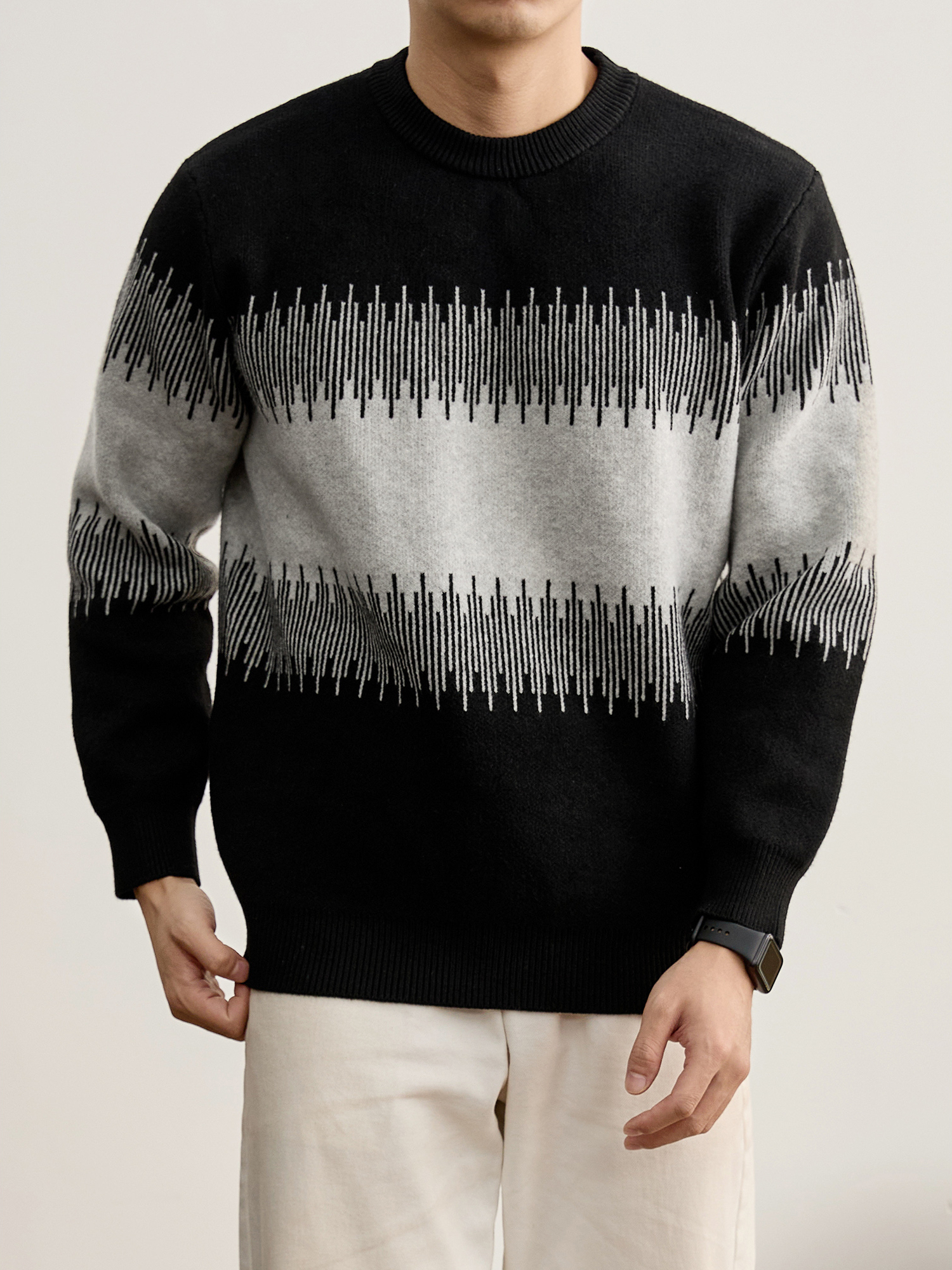 高克重750g個性酷潮圓領長袖針織衫男冬聲波狀紋理撞色毛衣