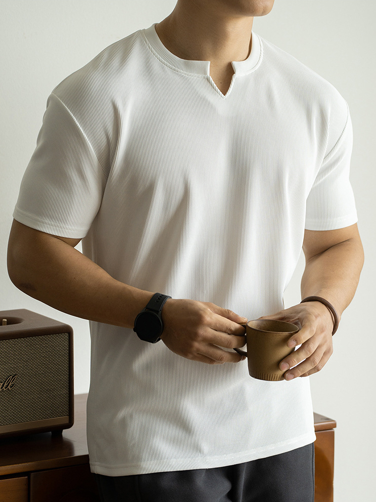 坑條肌理亨利領白色短袖T恤男士2025春夏新款透氣寬鬆亨利衫1688