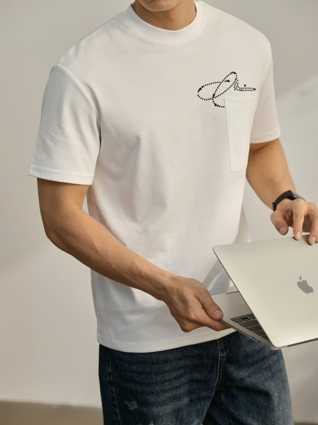 小衆設計感T恤男士夏季燙鑽釘珠體恤寬鬆圓領落肩半袖衫