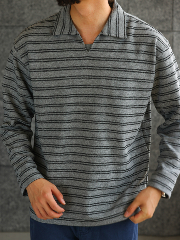 【雲感生活】花紗織造條紋V領POLO衫男抗皺打底衫長袖T恤