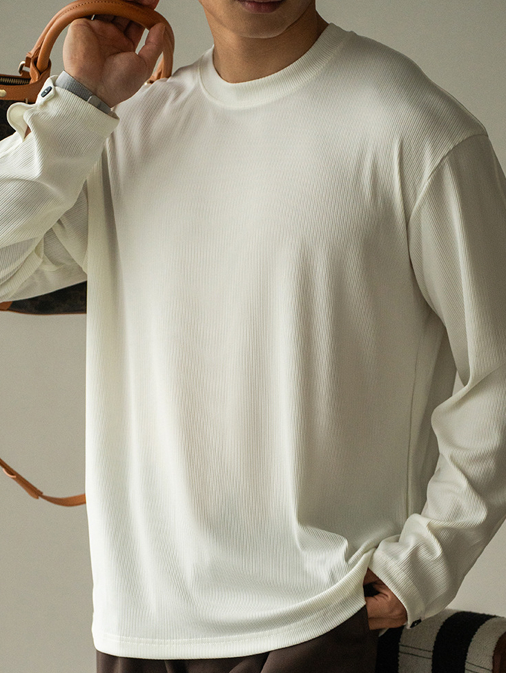 垂感肌理感條紋襯衫袖圓領長袖T恤男士春季新款休閒寬鬆打底