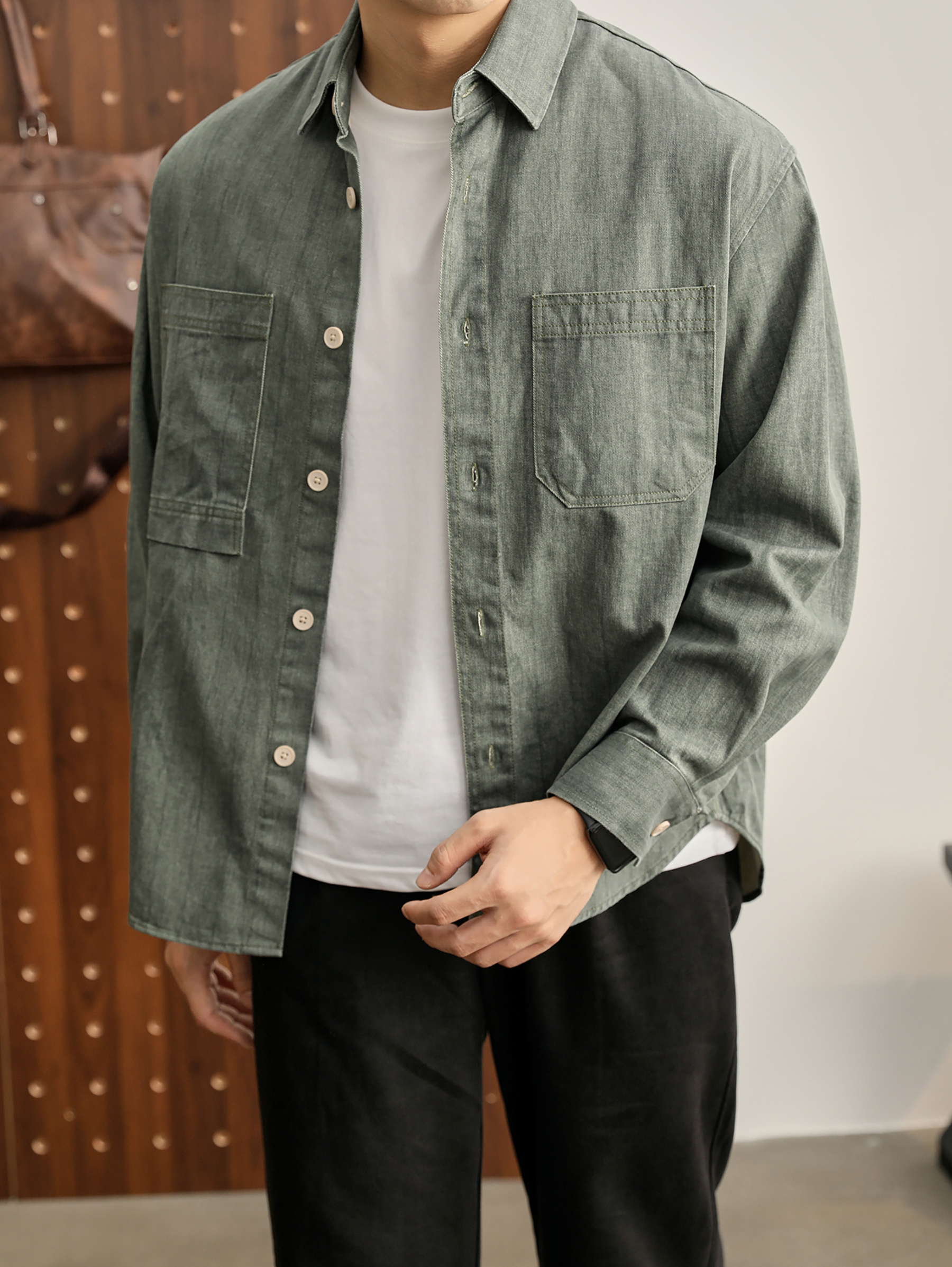 日系復古老錢男士100%純棉長袖襯衫秋季雙口袋純色襯衣外套