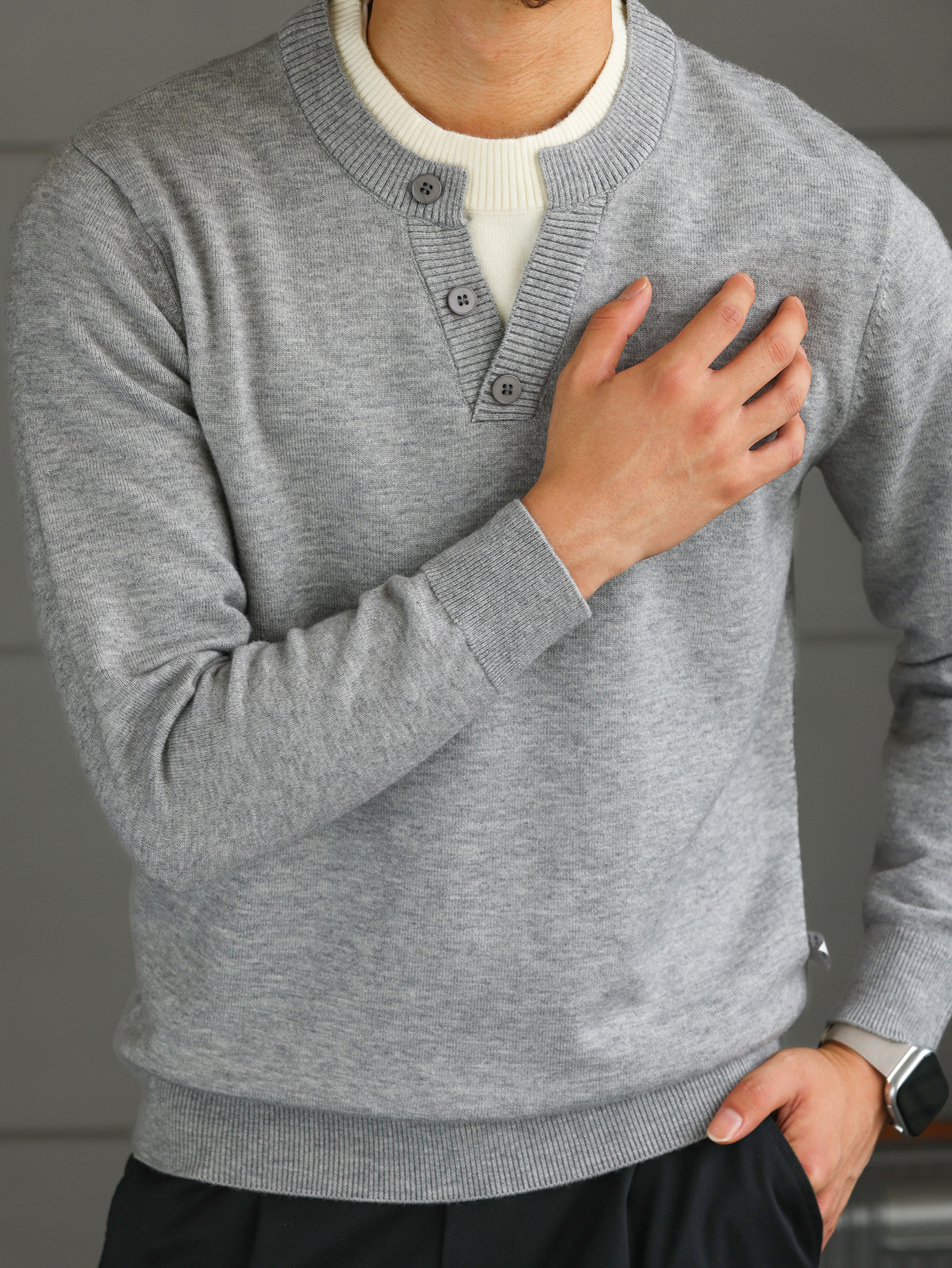 【紳士型格】羊毛混紡假兩件圓領毛衣男易打理針織打底衫