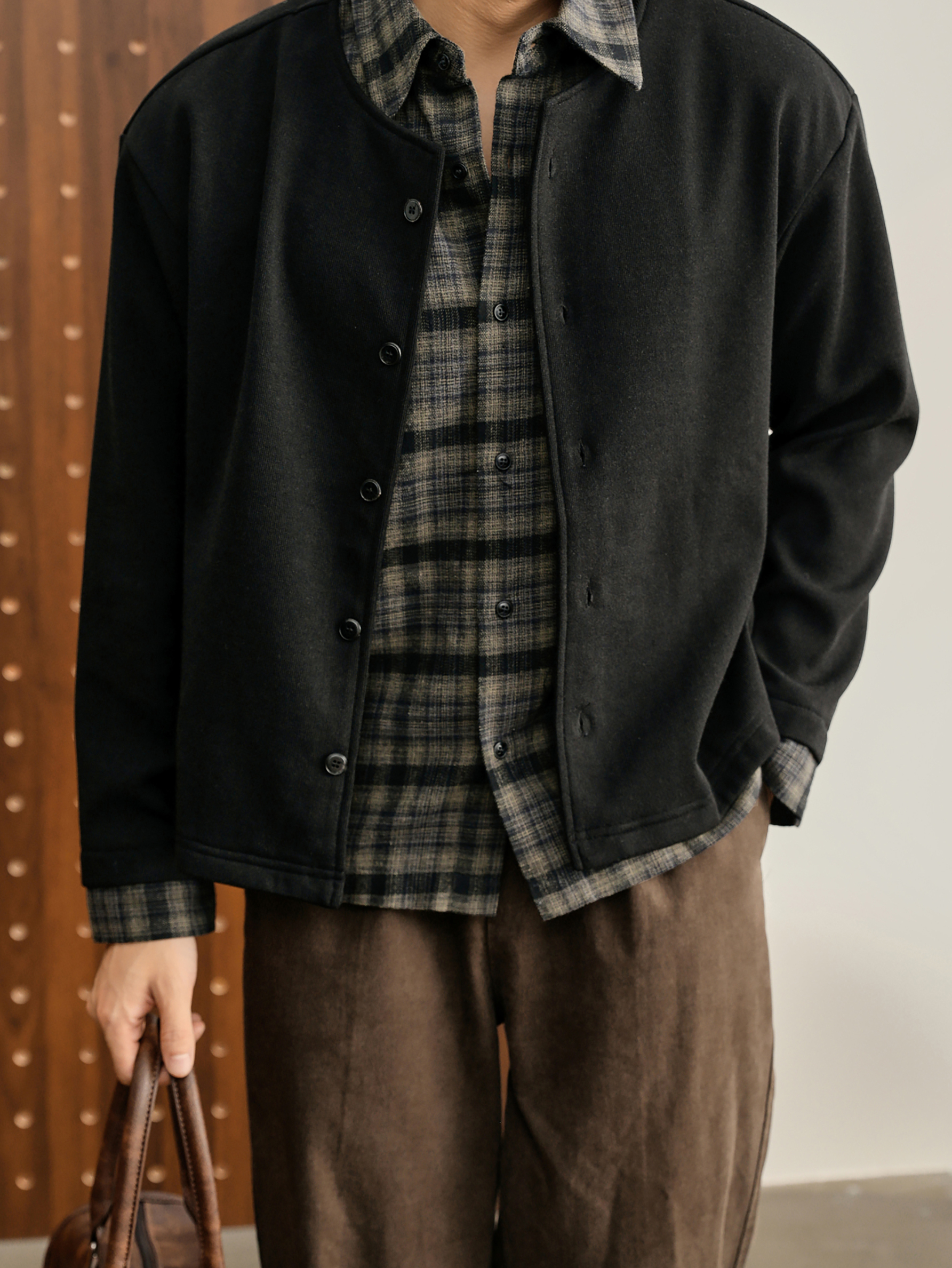 巴恩風假兩件格紋翻領針織外套開衫男100%純棉拼接雙領襯衫