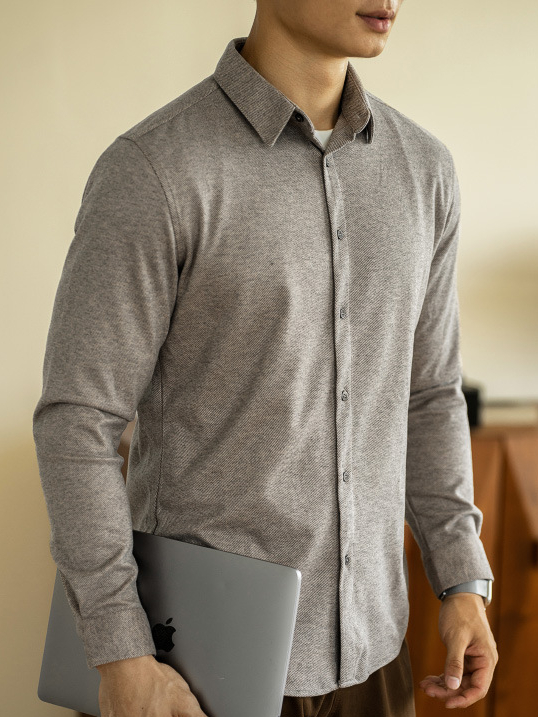 仿羊毛呢秋冬男士長袖襯衫商務休閒純色磨毛襯衣