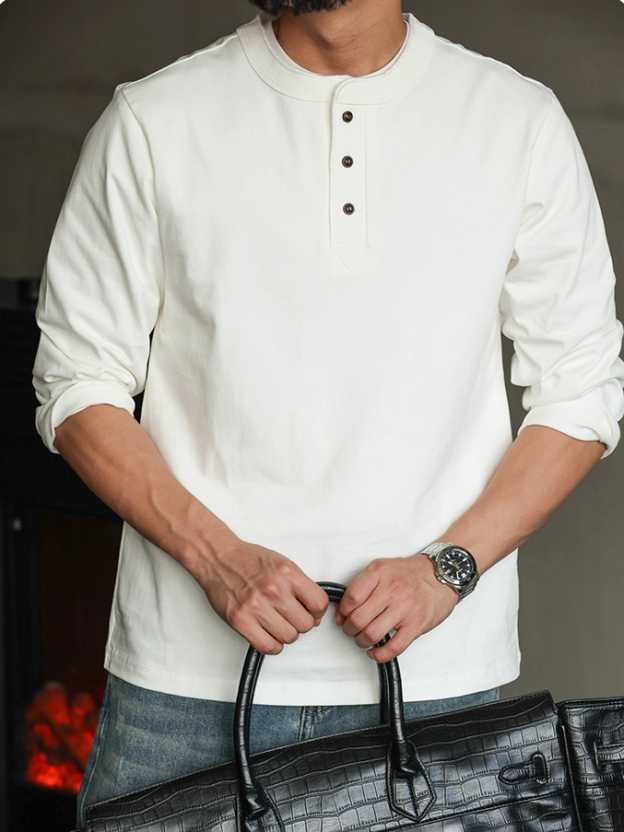 【CBD精英】純棉重磅320g美式亨利領長袖t恤男排扣秋季休閒打底衫