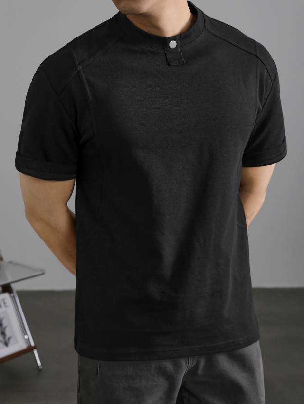 潮牌設計感鉚釘裝飾圓領短袖T恤男款夏季小領口休閒體恤上衣