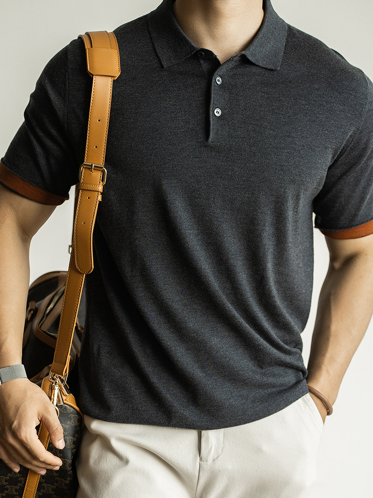 可機洗綿羊毛混紡涼感短袖Polo衫男士新款2026春季撞色袖針織POLO