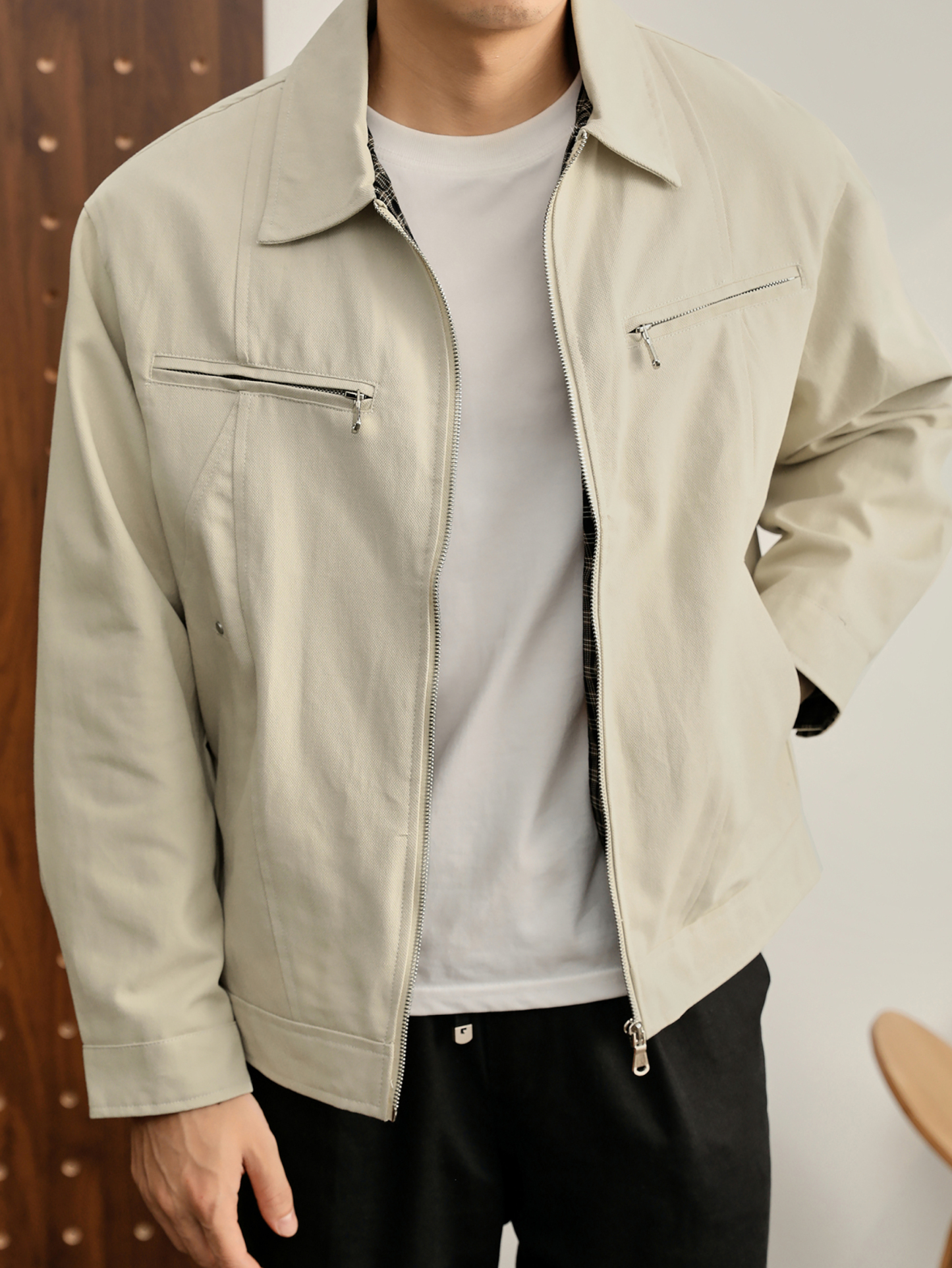 美拉德工裝哈靈頓短外套100%純棉復古拼接格紋帆布夾克男士