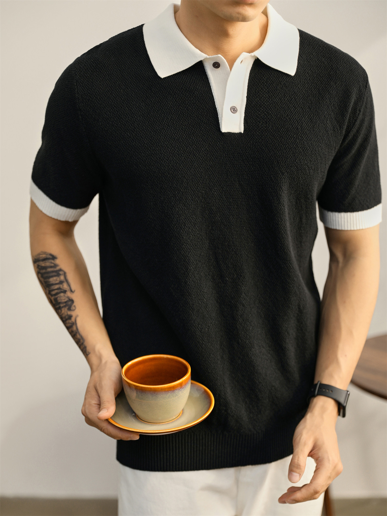 都市輕熟風撞色翻領Polo衫男夏季時尚休閒針織衫純棉上衣