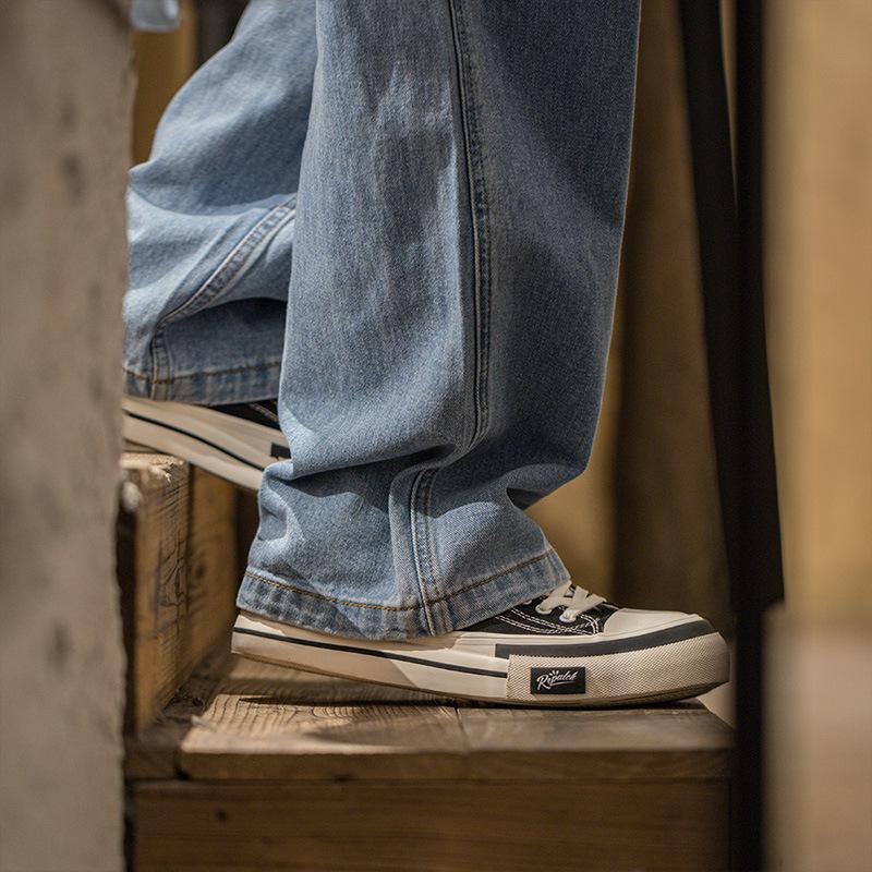 2023新款春季厚底帆布鞋男百搭休閑鞋潮流增高黑色低幫板鞋子-Retro's Wear