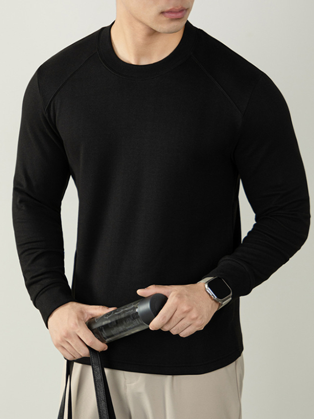 桑蠶絲羊毛混紡雙面絨秋冬內搭長袖T恤圓領輕商務保暖衣