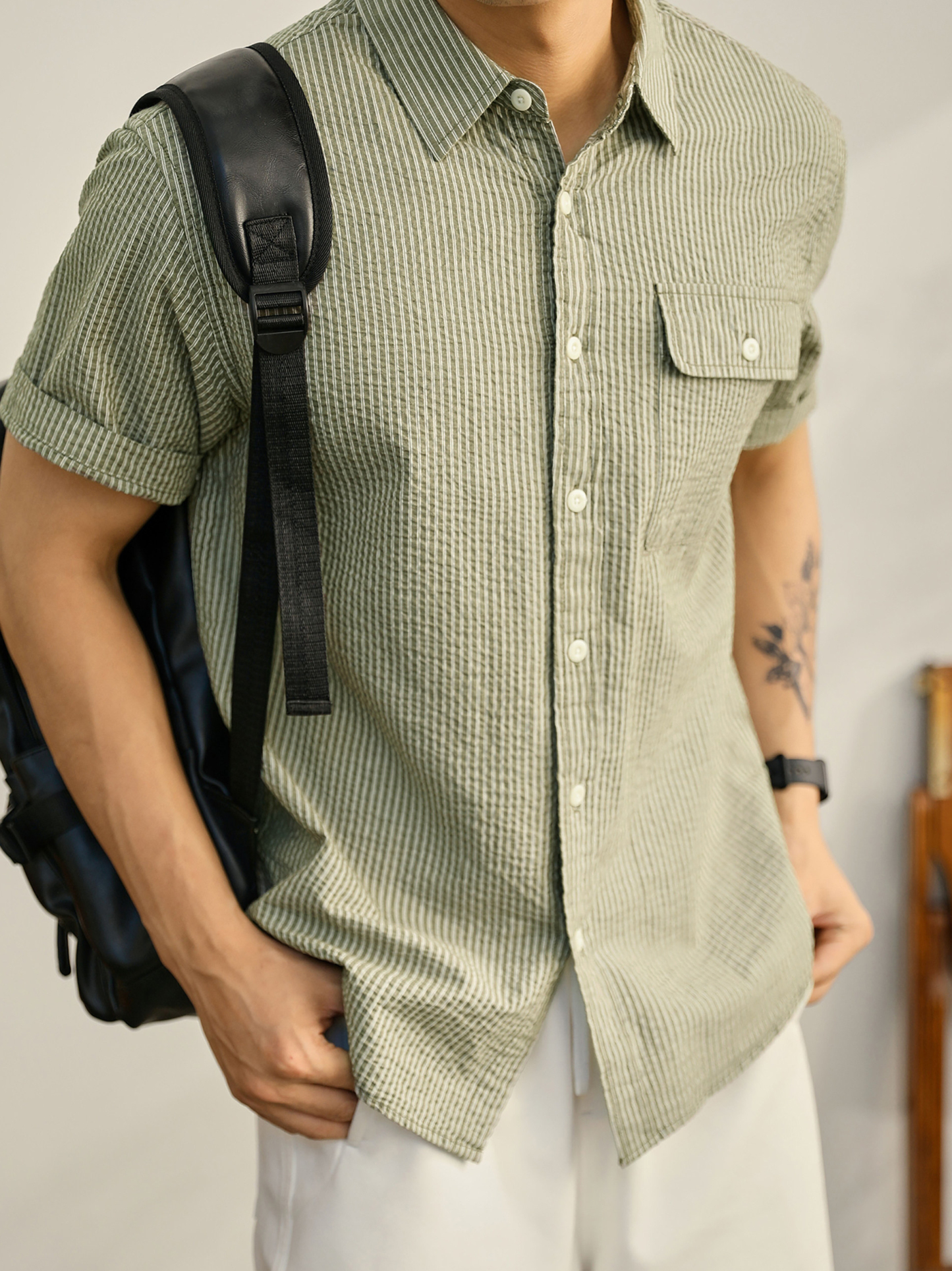 輕熟風男士條紋襯衫肌理感文藝韓範翻領上衣慵懶感簡約短袖襯衫