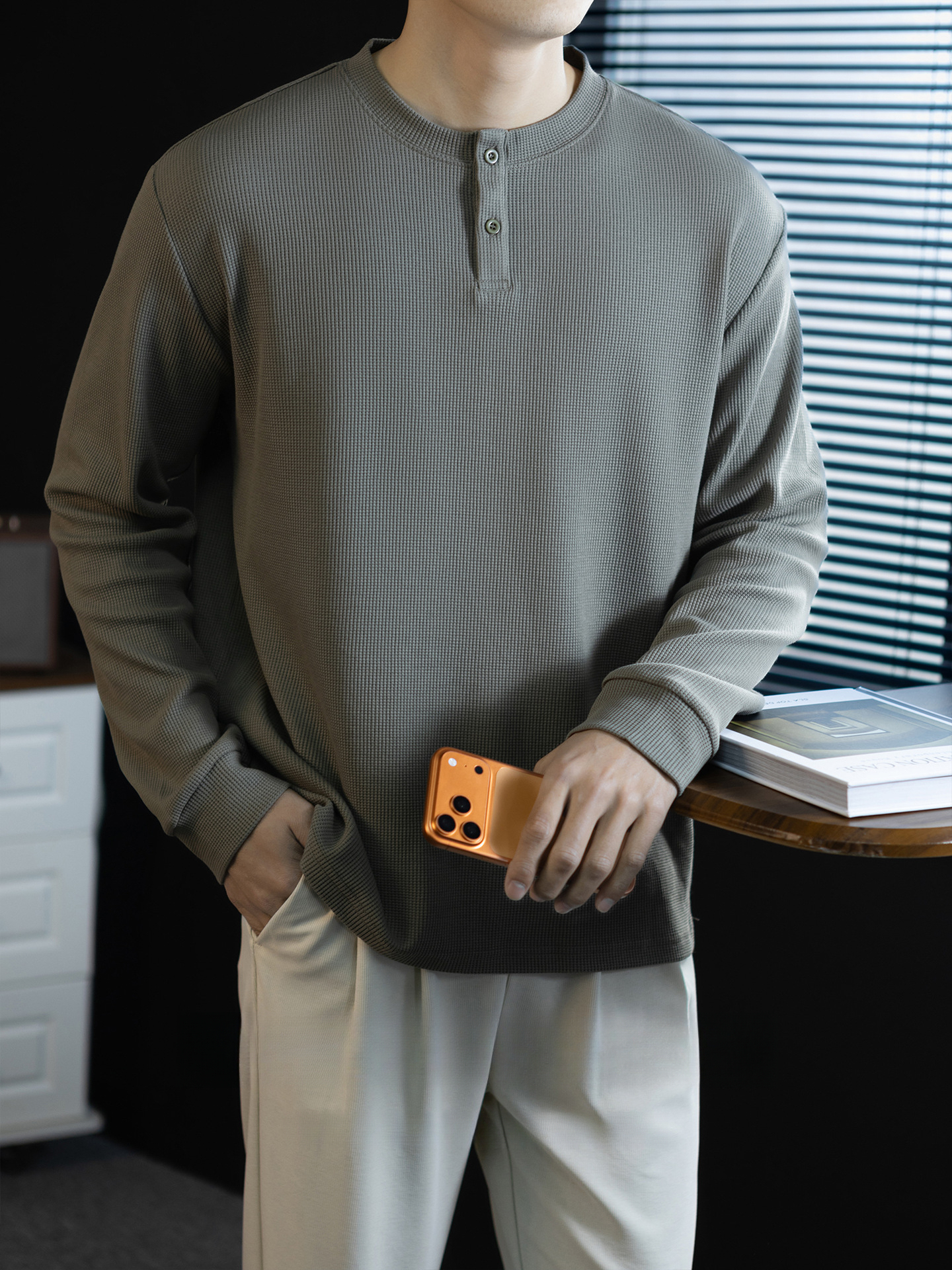 240G華夫格織紋透氣男士亨利領長袖T桖春秋商務復古寬鬆落肩上衣