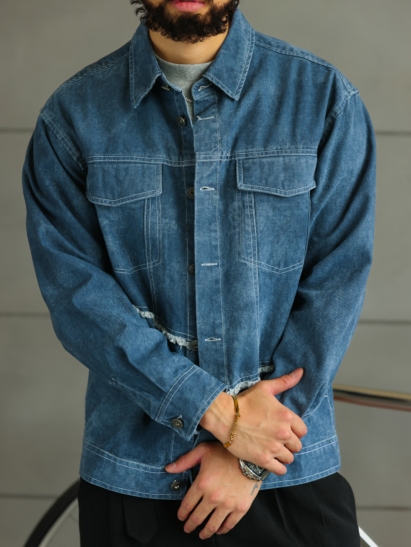 【大阪街頭】破邊拼接酵素水洗棉牛仔夾克男工裝外套上衣