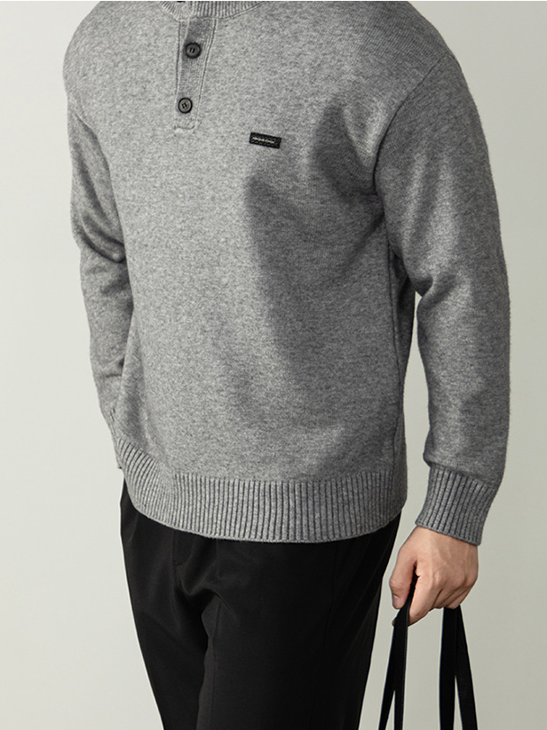 美式硬漢風亨利領皮標創意針織衫男士秋冬保暖慵懶高級落肩Polo衫